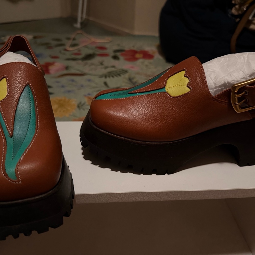 Charlotte Stone Brown Mules with Floral Design